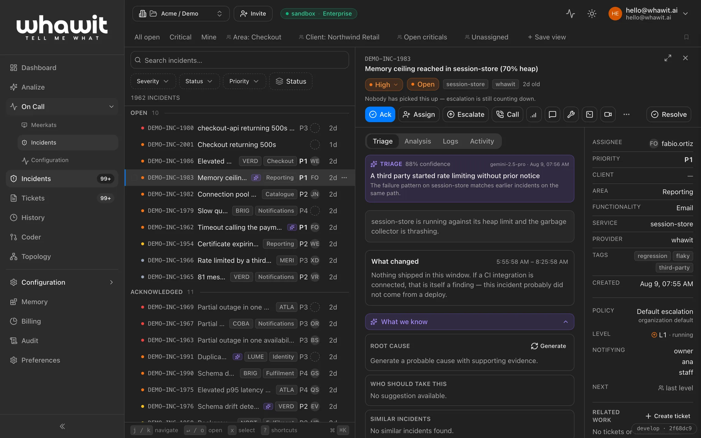 WHAWIT incident command center: a P1 incident with an AI triage verdict at 88% confidence, what-changed reasoning, and the escalation policy running
