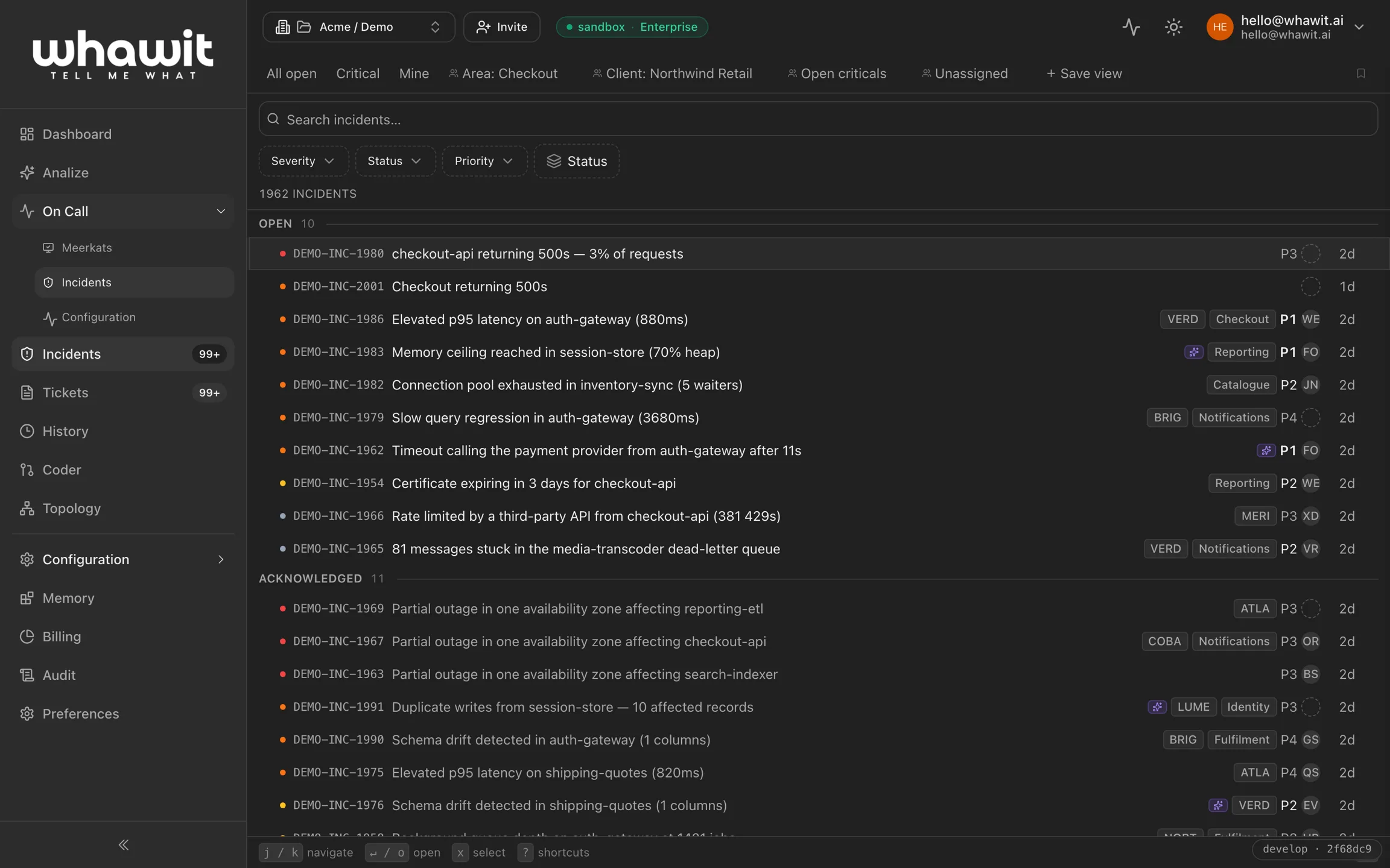 WHAWIT incidents view: open and acknowledged incidents grouped with priorities, services, and saved views