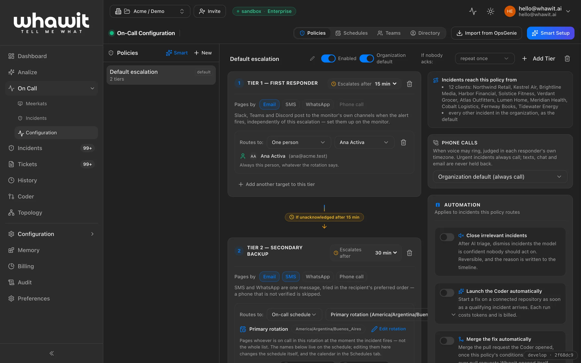 WHAWIT escalation policy editor: notification tiers with channels per tier and automation rules