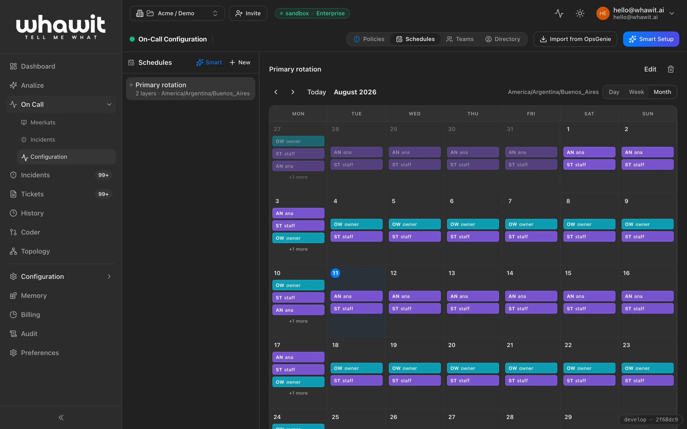 WHAWIT on-call schedule: a monthly rotation calendar across layers and timezones